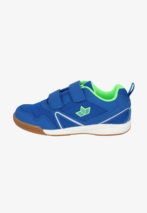 Blue athletic shoe with mesh upper, two Velcro straps, neon green accents, white midsole, and brown rubber outsole. Features a logo on the side.