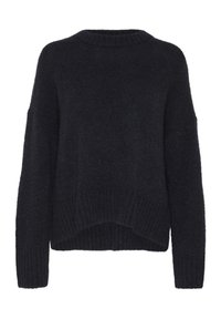 Pull noir en maille duveteuse avec manches longues, poignets et ourlet côtelés, et un ourlet légèrement courbé.