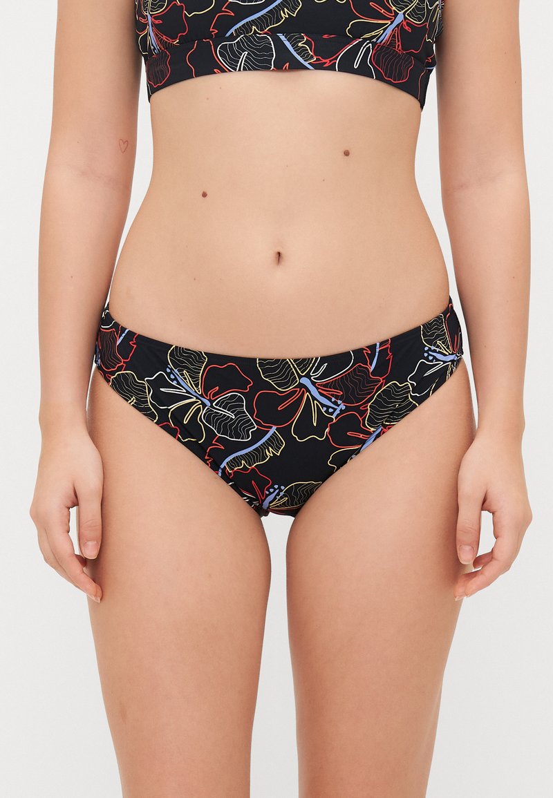 Bikini noir avec des motifs floraux multicolores. Le haut a un design court, et le bas présente une coupe taille basse avec une texture lisse.