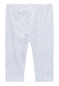 Világoskék leggings, virágmintával, elasztikus derékrésszel és sima textúrával. Teljes hosszúságú, karcsú fazon.