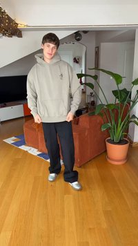 Sweat à capuche gris clair avec poche avant, pantalon noir et chaussures argentées. Intérieur avec une plante verte et un canapé orange.