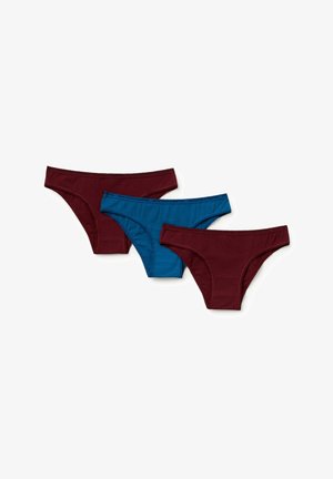 Drie paar damesonderbroeken: twee in donker bordeaux en één in blauw. Gemaakt van zachte stof met een gegolfde rand en een tailleband met logo.