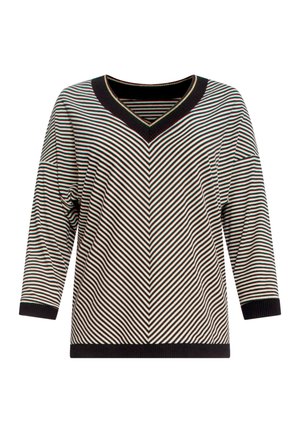 V-hals pullover met driekwartmouwen. Zwart-wit gestreept patroon met kleine accenten in het rood. Ribgebreide mouwen en zoom. Zachte textuur.