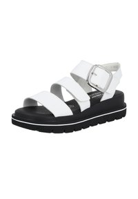 White sandal with three wide straps, featuring a silver buckle. Black sole with a white stripe, made from smooth material with a textured footbed.