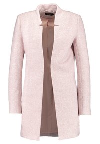 Hellrosa langer Mantel mit strukturiertem Finish, offener Vorderseite und ohne Knöpfe. Verfügt über lange Ärmel und eine glatte braune Fütterung.