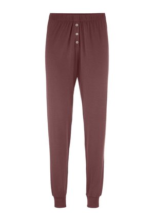 Braune Lounge-Hose aus weichem Stoff mit elastischem Bund, drei Knöpfen vorne und Bündchen an den Knöcheln.