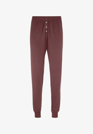 Braune Lounge-Hose aus weichem Stoff mit elastischem Bund, drei Knöpfen vorne und Bündchen an den Knöcheln.