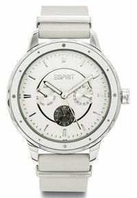 Silberne Edelstahl-Uhr mit weißem Zifferblatt, Datums- und Wochentagsanzeige sowie grauem Silikonarmband. Verfügt über leuchtende Stundenmarkierungen und Zeiger.