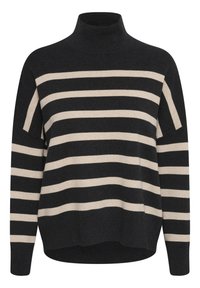 Pull à col roulé rayé noir et beige, manches longues et coupe légèrement ample.