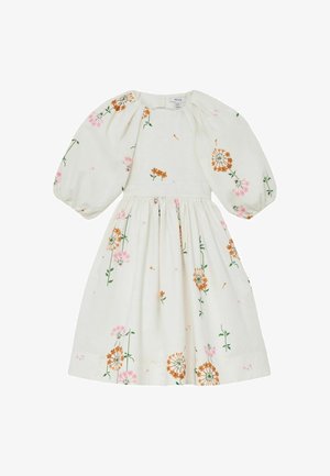 Abito midi bianco con maniche a sbuffo e stampa floreale con fiori rosa e arancioni con steli verdi.