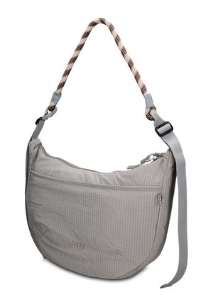 Sac bandoulière gris clair avec motif quadrillé subtil, logo en tissu, compartiments zippés et sangle réglable avec détail corde.