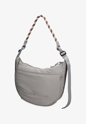 Lichtgrijze crossbodytas met subtiel ruitpatroon, stoffen logo, ritsvakjes en verstelbare band met touwdetail.