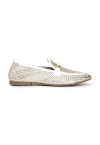Mocassino in pelle intrecciata beige chiaro con rifiniture bianche, dettaglio della fibbia dorata e suola sottile marrone, mostrato in vista laterale.