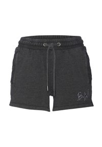 Shorts en coton gris foncé avec une taille élastique, fermeture à cordon, poches latérales et détail de logo brodé blanc.
