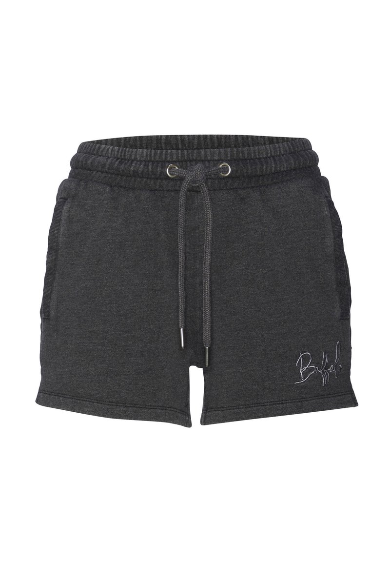 Shorts en coton gris foncé avec une taille élastique, fermeture à cordon, poches latérales et détail de logo brodé blanc.