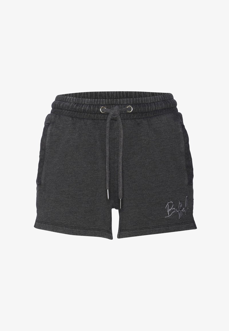 Shorts en coton gris foncé avec une taille élastique, fermeture à cordon, poches latérales et détail de logo brodé blanc.