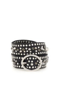 Cintura in pelle nera con borchie e spuntoni argentati, dotata di una fibbia metallica circolare. Il design include accenti testurizzati alternati.