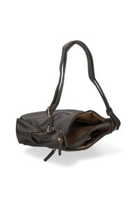 Borsa a tracolla nera in pelle con finitura testurizzata, due manici, tasche con zip e interno in tessuto marrone. Aperta per mostrare l'interno.