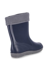 Botte en caoutchouc navy avec un revers à rayures grises, bout arrondi et semelle texturée, conçue pour un usage imperméable. Extérieur lisse sans motifs visibles.