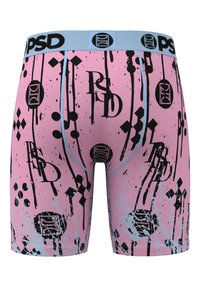 Różowe bokserki z czarnymi abstrakcyjnymi wzorami, w tym logo i kształtami, z jasnoniebieskim paskiem w talii z napisem "PSD".