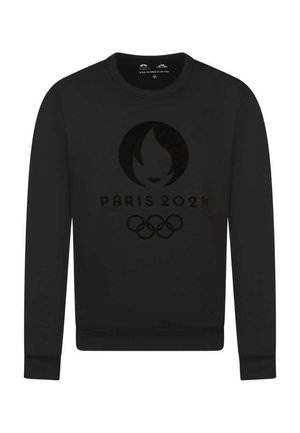 Sweat-shirt noir à manches longues avec le logo des Jeux Olympiques Paris 2024, présentant une flamme stylisée et les anneaux olympiques à l'avant.