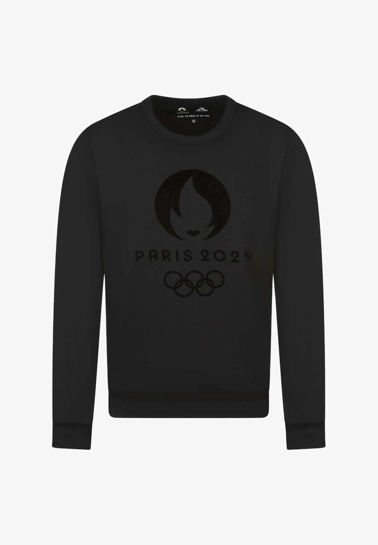 Sweat-shirt noir à manches longues avec le logo des Jeux Olympiques Paris 2024, présentant une flamme stylisée et les anneaux olympiques à l'avant.