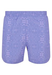 Shorts violets avec un motif complexe en violet clair. Taille élastique et texture lisse. Pas de poches ni de pièces métalliques visibles.