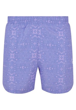 Lila Shorts mit einem helllila, komplizierten Muster. Elastischer Bund und eine glatte Textur. Keine Taschen oder sichtbaren Beschläge.