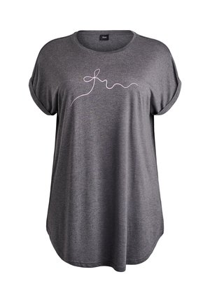 Ciemnoszara koszulka z krótkim rękawem z podwiniętymi mankietami oraz minimalistycznym, jasnoróżowym, falistym wzorem na wysokości klatki piersiowej.