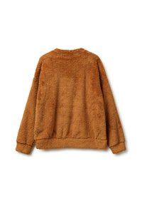 Maglione in fleece beige con una finitura morbida e testurizzata. Presenta un collo rotondo, polsini e orlo a coste. Design semplice, vista posteriore mostrata.