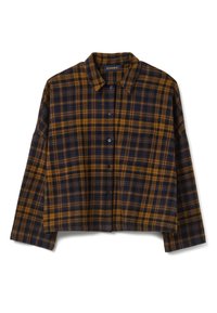 Cropped flannel shirt in brown and navy plaid, with a button-up front and a classic collar. Made of soft fabric with a slightly textured finish.