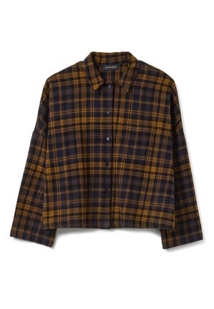 Cropped flannel shirt in brown and navy plaid, with a button-up front and a classic collar. Made of soft fabric with a slightly textured finish.