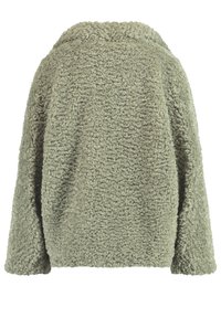 Chaqueta verde difusa con un acabado suave y texturizado. Presenta un corte holgado, escote redondo y hombros caídos para un estilo relajado.