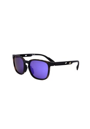Occhiali da sole con montatura rettangolare nera e lenti specchiate viola, con un piccolo logo Adidas sulla stanghetta.