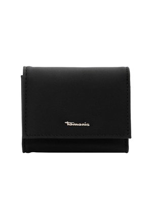 Black faux leather wallet with a flap closure, featuring visible stitching and a silver logo accent. Compact square shape.