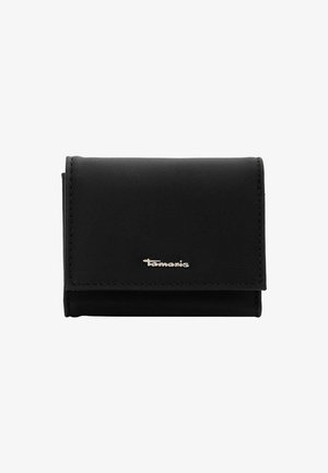 Black faux leather wallet with a flap closure, featuring visible stitching and a silver logo accent. Compact square shape.
