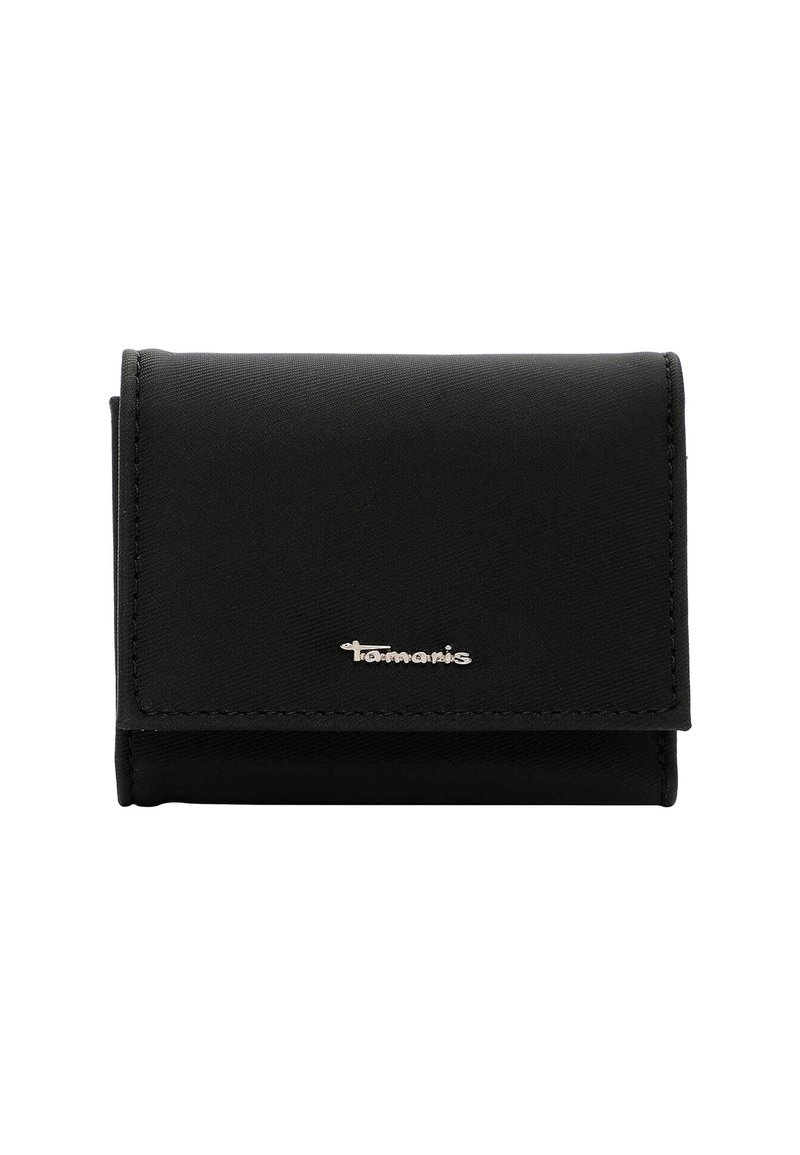 Black faux leather wallet with a flap closure, featuring visible stitching and a silver logo accent. Compact square shape.