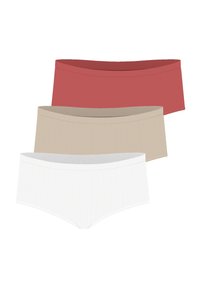 Trois paires de slips hipster en rouge, beige et blanc. Fabriqués en tissu doux avec une texture lisse et une large ceinture pour le confort.