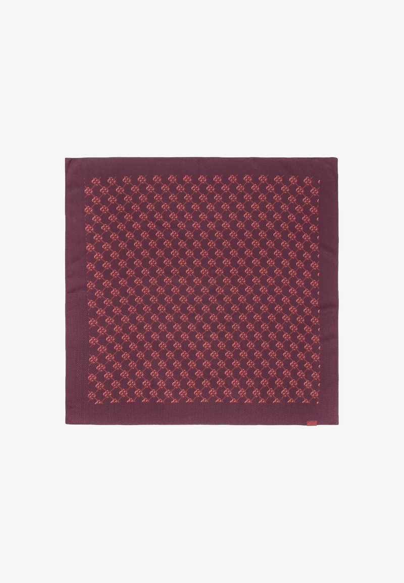 Bordo šilkinis šalikas su geometriniu raštu šviesesnių raudonų atspalvių, turintis lygią tekstūrą ir tvarkingai siūtu kraštu.