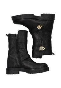 Botas de cuero negro con un acabado texturizado, cremallera lateral y tres detalles en metal dorado. Suela de goma resistente con patrón de agarre.