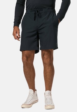 Shorts de bain noirs en matériau léger, dotés d'une taille avec cordon de serrage réglable, de deux poches latérales et d'une coupe décontractée.