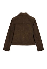 Bruine suède jas met een kraag, lange mouwen en een cropped ontwerp met minimale naden en een gladde textuur aan de achterkant.