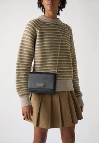 Borsa a tracolla nera in pelle con finitura testurizzata e logo dorato "LIU JO MILANO", abbinata a un maglione a righe e a una gonna plissettata.