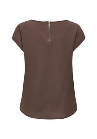 Blusa marrone a maniche corte con texture, scollo rotondo e zip argentata al centro sul retro.