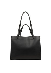 Sac fourre-tout en cuir noir avec une texture lisse, forme rectangulaire haute, deux longues poignées et accents en métal aux attaches de la sangle.