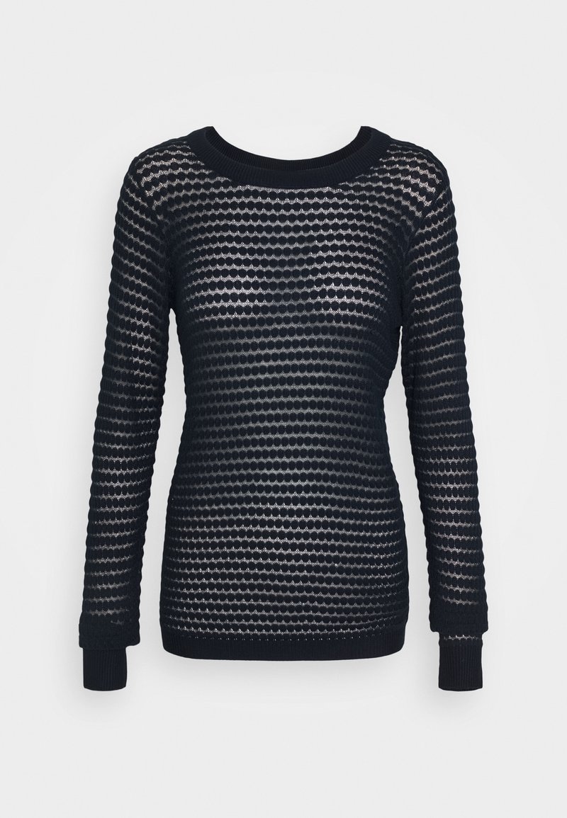 Pull noir en tricot à manches longues avec motif ajouré circulaire et col, poignets et ourlet côtelés sur fond uni.