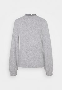 Long-sleeve gray top with a textured finish, high neck, and gathered cuffs. No visible patterns or accents. Regular fit.
