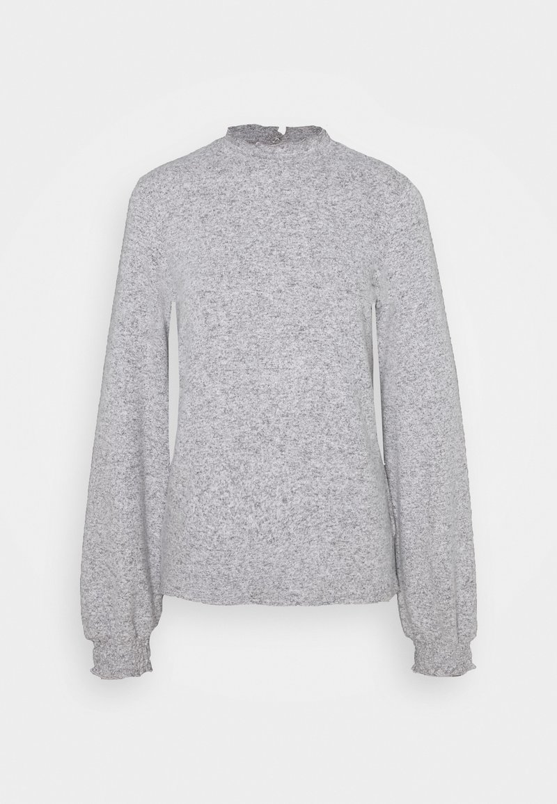 Long-sleeve gray top with a textured finish, high neck, and gathered cuffs. No visible patterns or accents. Regular fit.