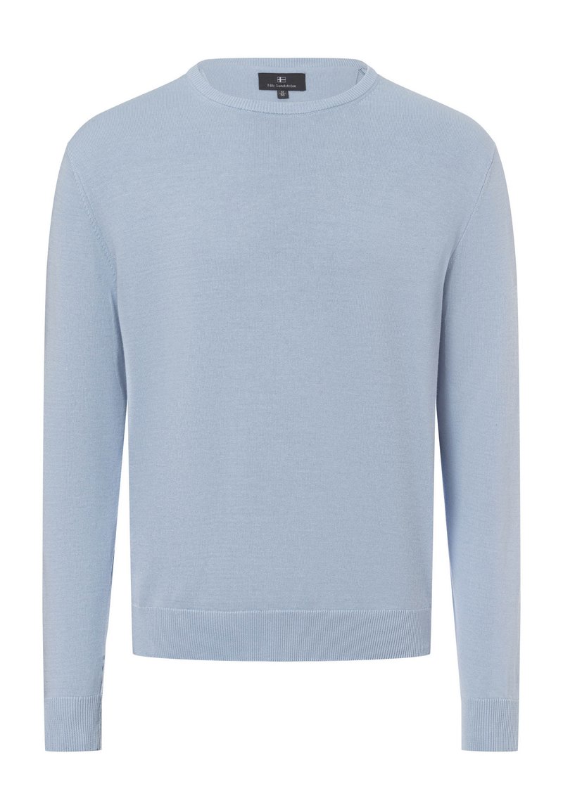 Maglione azzurro chiaro a maniche lunghe in un morbido tessuto lavorato a maglia, con scollo a girocollo e polsini a coste. Design semplice senza motivi o dettagli visibili.