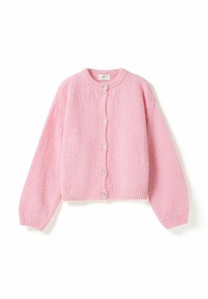 Light pink fuzzy knit cardigan with long sleeves, round neckline, and six white buttons down the front, laid flat on a white background.